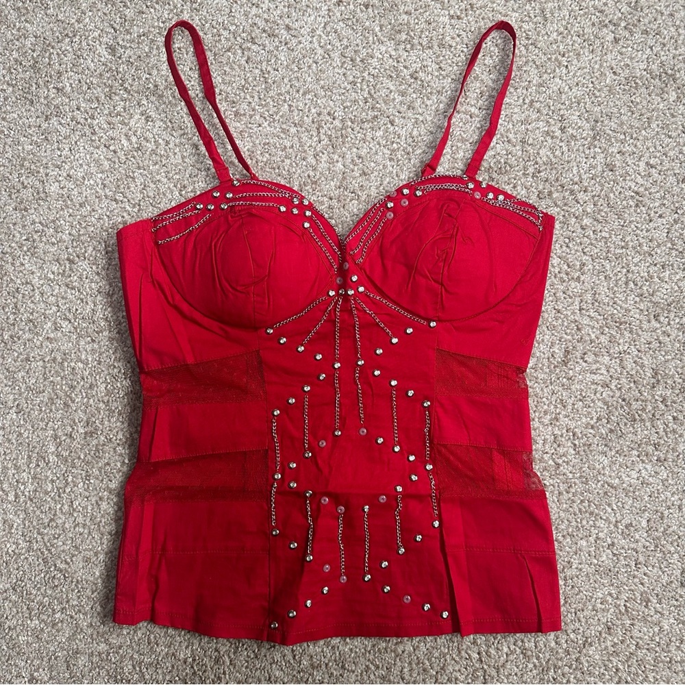 Red Stud-Embellished Bustier Camisole